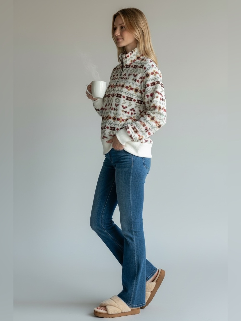 Natural Reflections Cream Quarter-Zip Pullover with Red and Brown Pattern